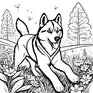 Fröhlicher Husky in blühender Wiese Ausmalbild für begeisterte Tierfreunde