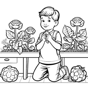 Der Junge und die großen Blumenkohlpflanzen zum Ausmalen