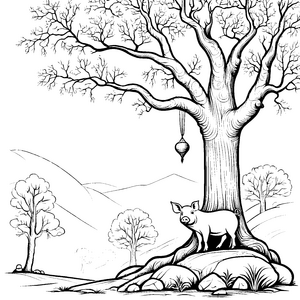 Hängebauchschwein erkundet den aufregenden Baum Ausmalbild für neugierige Entdecker