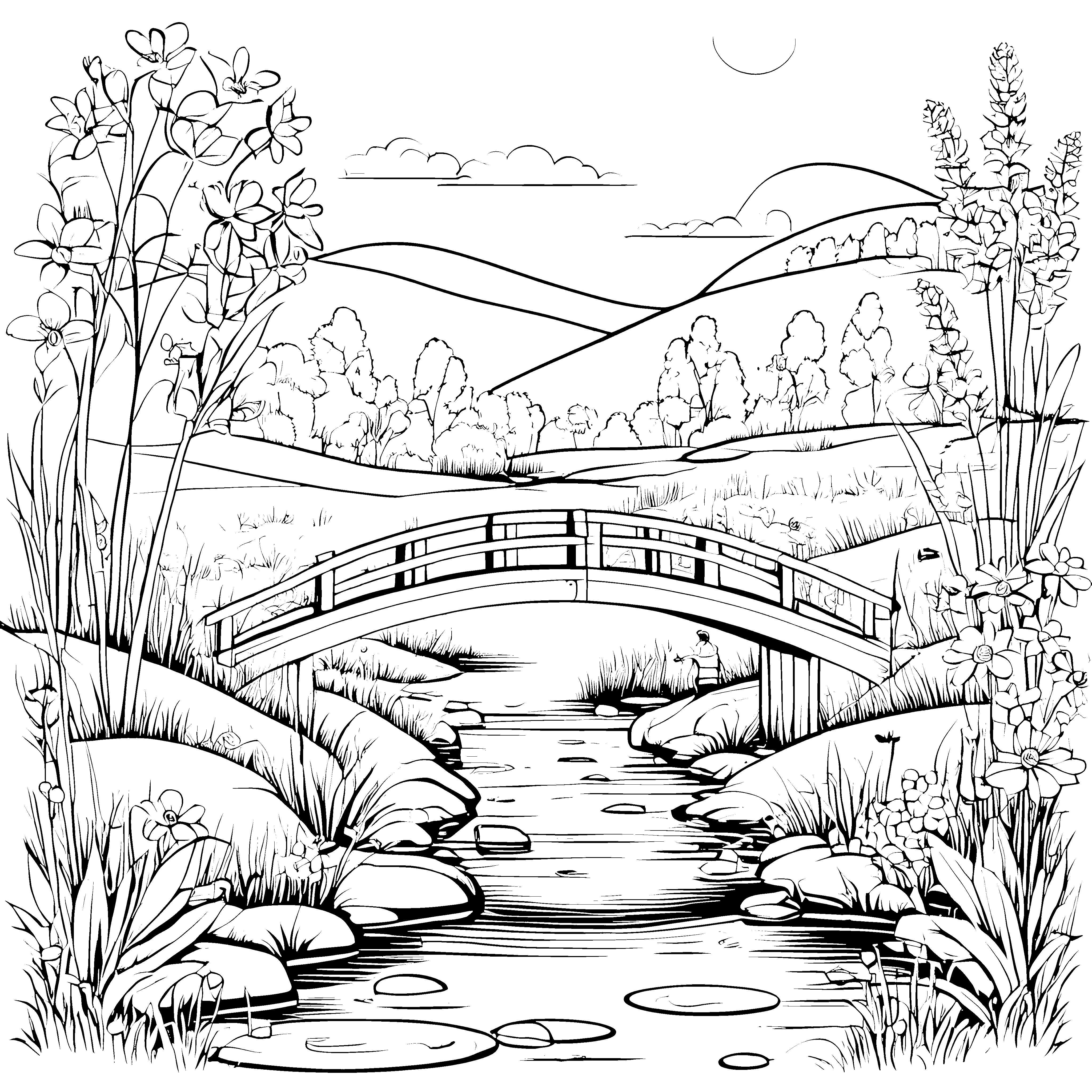 Die kleine Bogenbrücke über den fließenden Bach zum Ausmalen