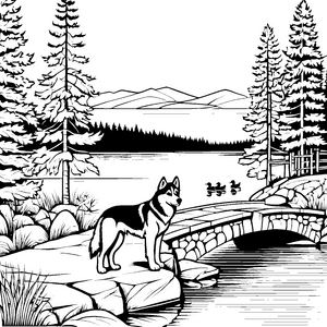 Husky auf malerischer Brücke am See Ausmalvorlage für kleine Naturentdecker