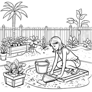 Mädchen spielt im Garten mit Sandkästen und Spielzeug