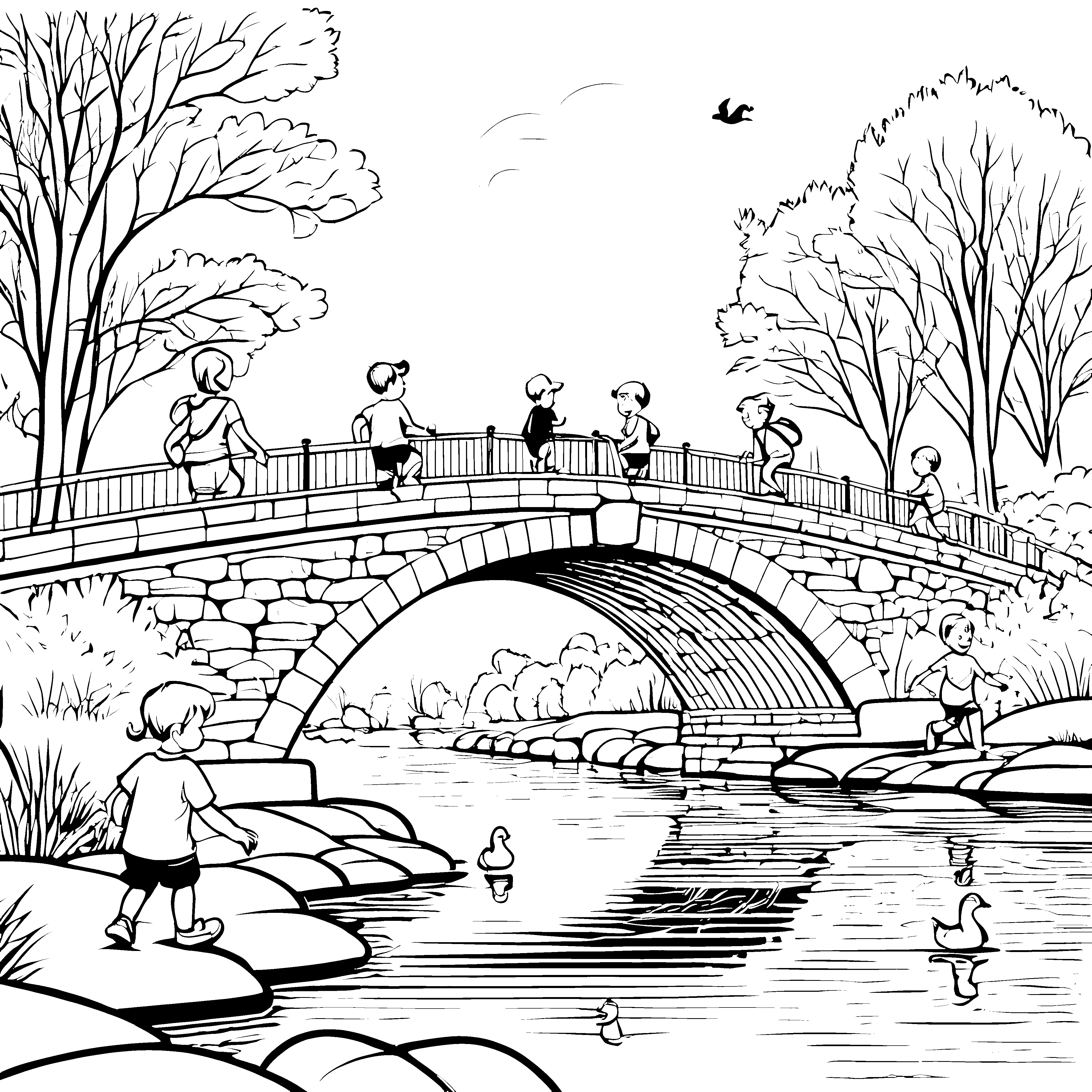 Kinder über die Bogenbrücke beim Fluss mit Enten zum Ausmalen
