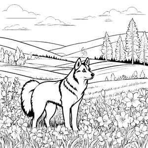 Bezaubernder Husky zwischen bunten Wildblumen Ausmalvorlage für fröhliche Entdecker