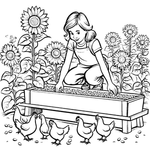 Mädchen füttert die Hühner bei Sonnenblumen zu malen