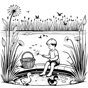 Löwenzahnblätter sammeln am Teich mit Enten und Jungen