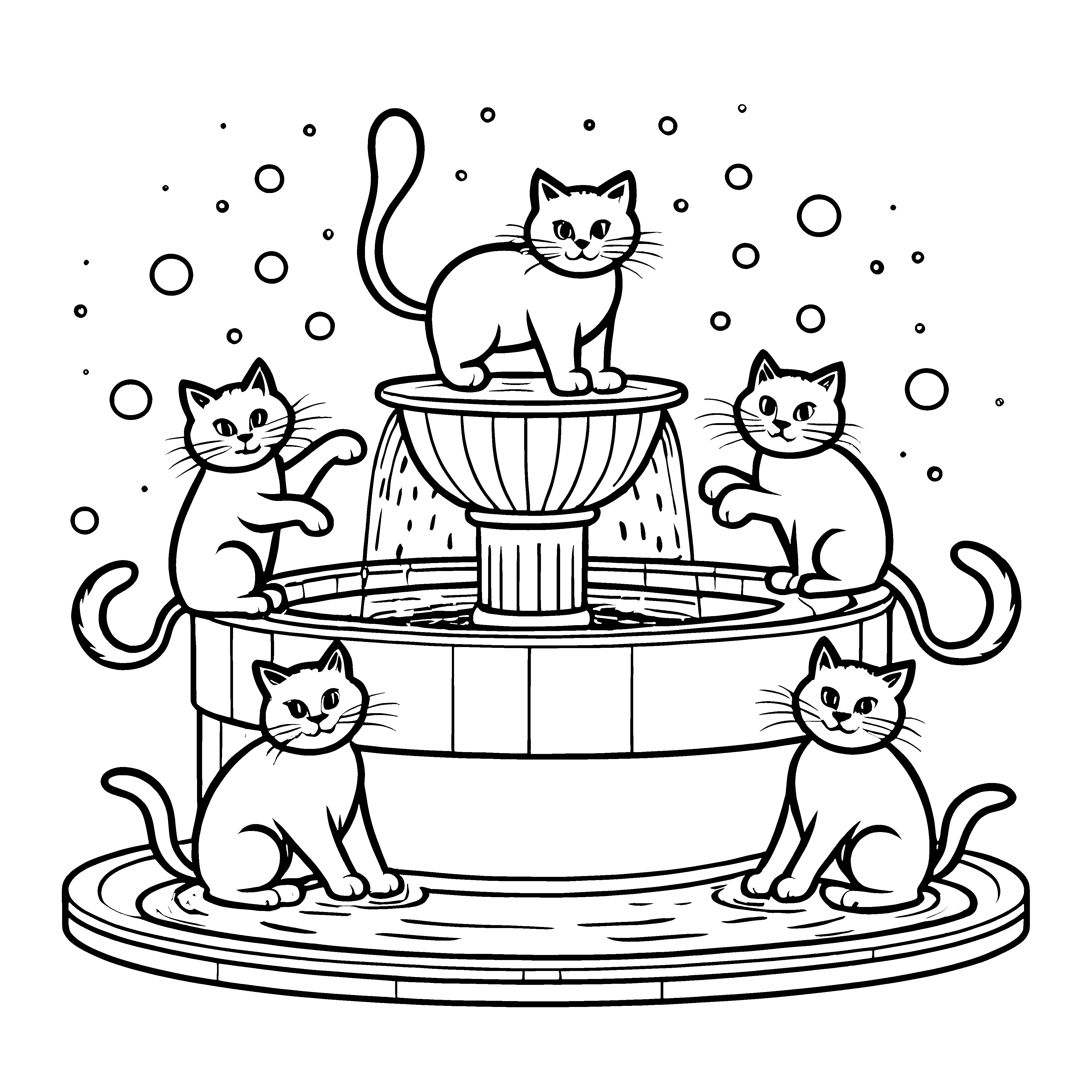 Lustige Katzen am Brunnen malen zum Ausmalspaß