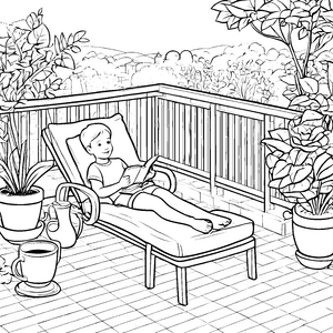 Ein Kind entspannt im Relaxsessel auf der grünen Terrasse