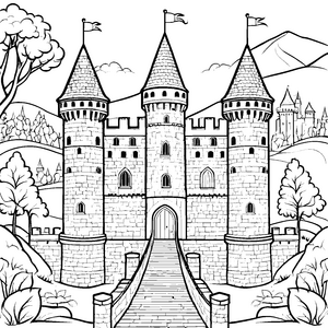 Die große mittelalterliche Burg zum Ausmalen mit Türmen und Brücke