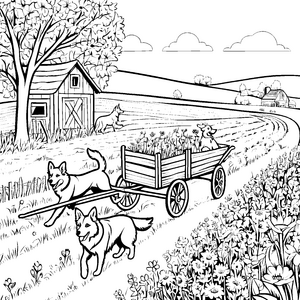 Hofhunde am Bauernhof: Ein idyllisches Ausmalspiel mit Blumenwiese und Karren