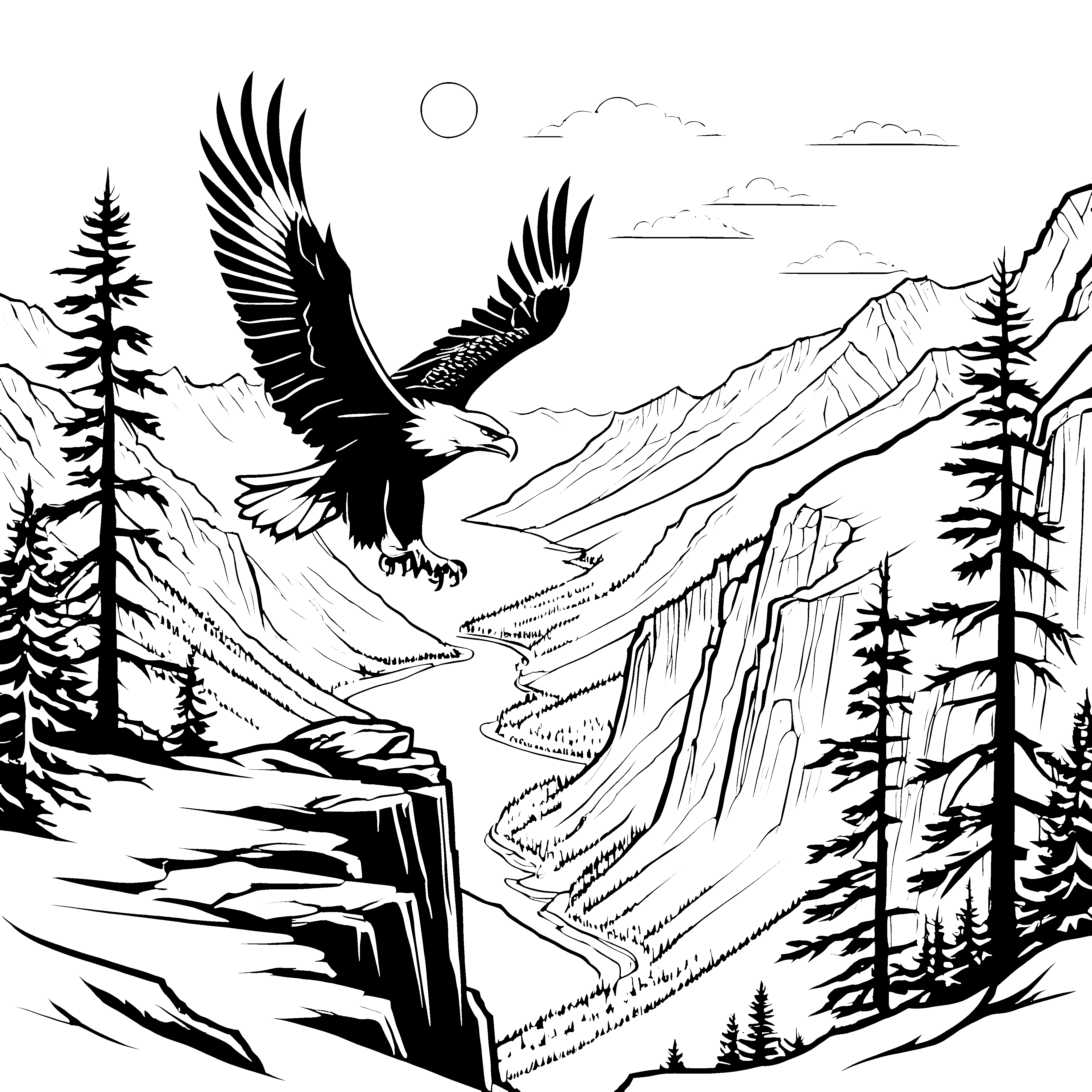 Majestätischer Adler im Flug über verschlungene Täler Ausmalbild für kleine Entdecker