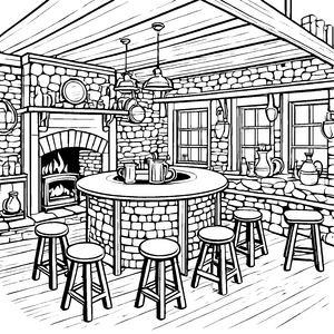 Gemütliche Taverne mit einladendem Kamin Ausmalmotiv für neugierige Entdecker