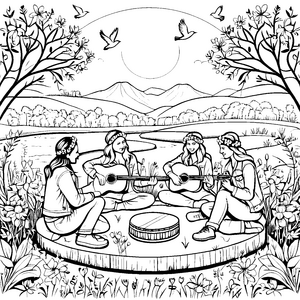 Musikliebende Hippies am Lagerfeuer Ausmalvorlage für muntere Künstler