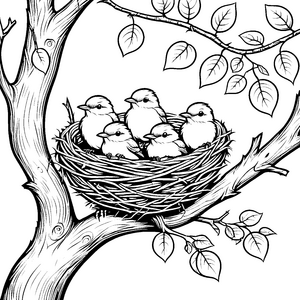 Fröhliche Vogelbabys im gemütlichen Nest Ausmalvorlage für kleine Naturentdecker