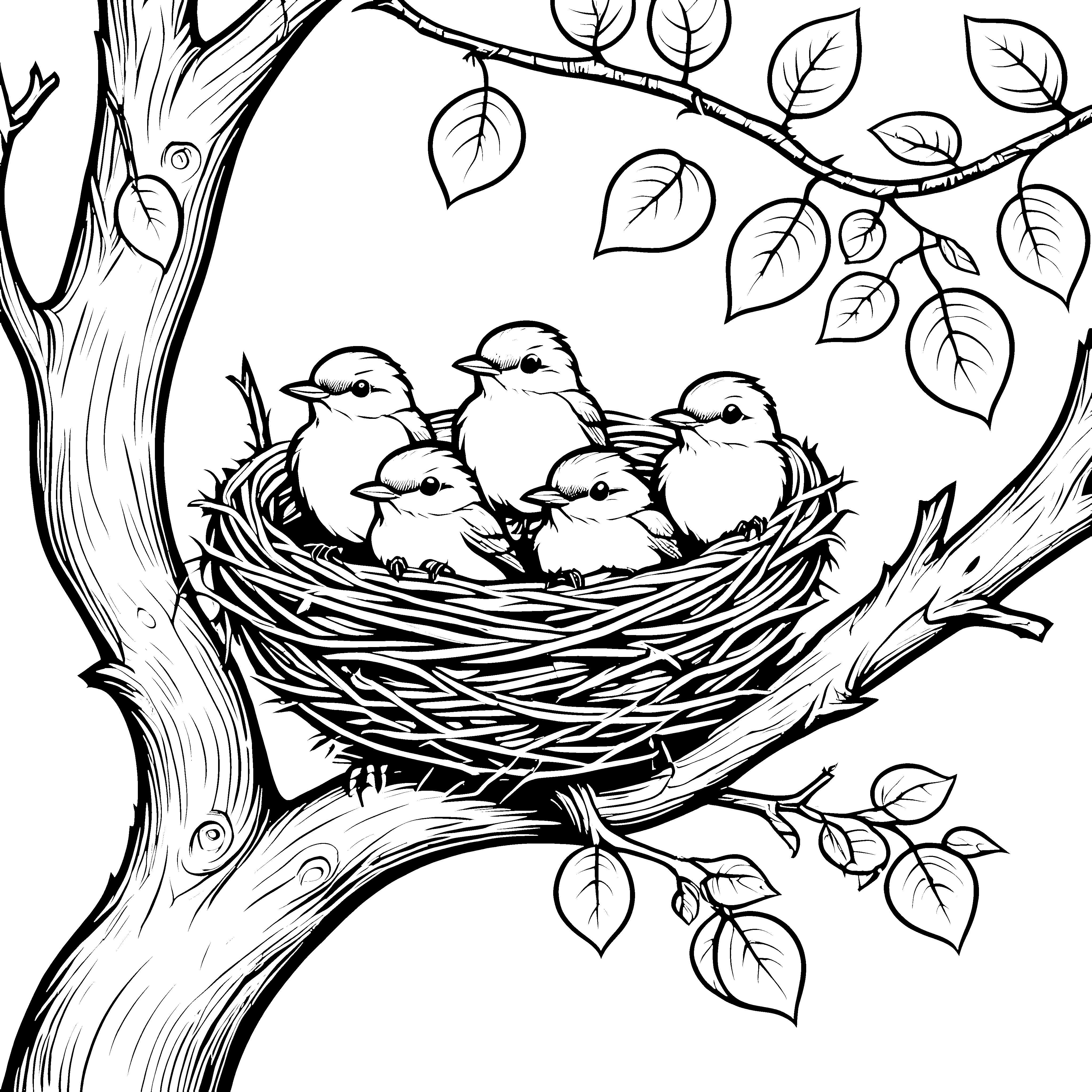 Fröhliche Vogelbabys im gemütlichen Nest Ausmalvorlage für kleine Naturentdecker