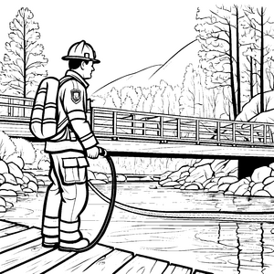 Feuerwehrmann mit Schlauch an idyllischem Wasser Malvorlage für mutige Abenteurer