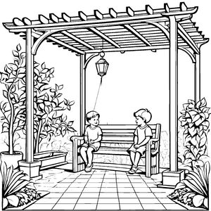 Kinder auf der Gartenbank unter dem Pergola-Überdachung malen