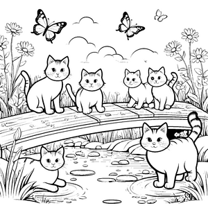 Lustige Katzen spielen in der Blumenwiese am Holzsteg