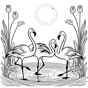Flamingos im fröhlichen Wasser mit bunten Blumen Ausmalbild für kleine Naturliebhaber