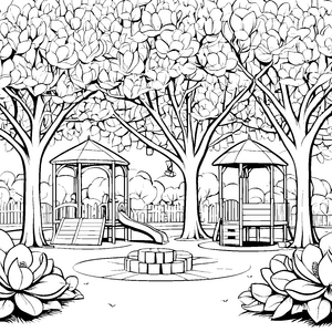Wunderschöne Magnolien über dem Spielplatz Ausmalvorlage für fantasievolle Naturentdecker