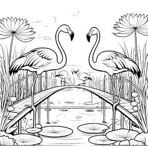 Flamingos auf der Brücke mit Wasserlilien Ausmalvorlage für kleine Naturforscher