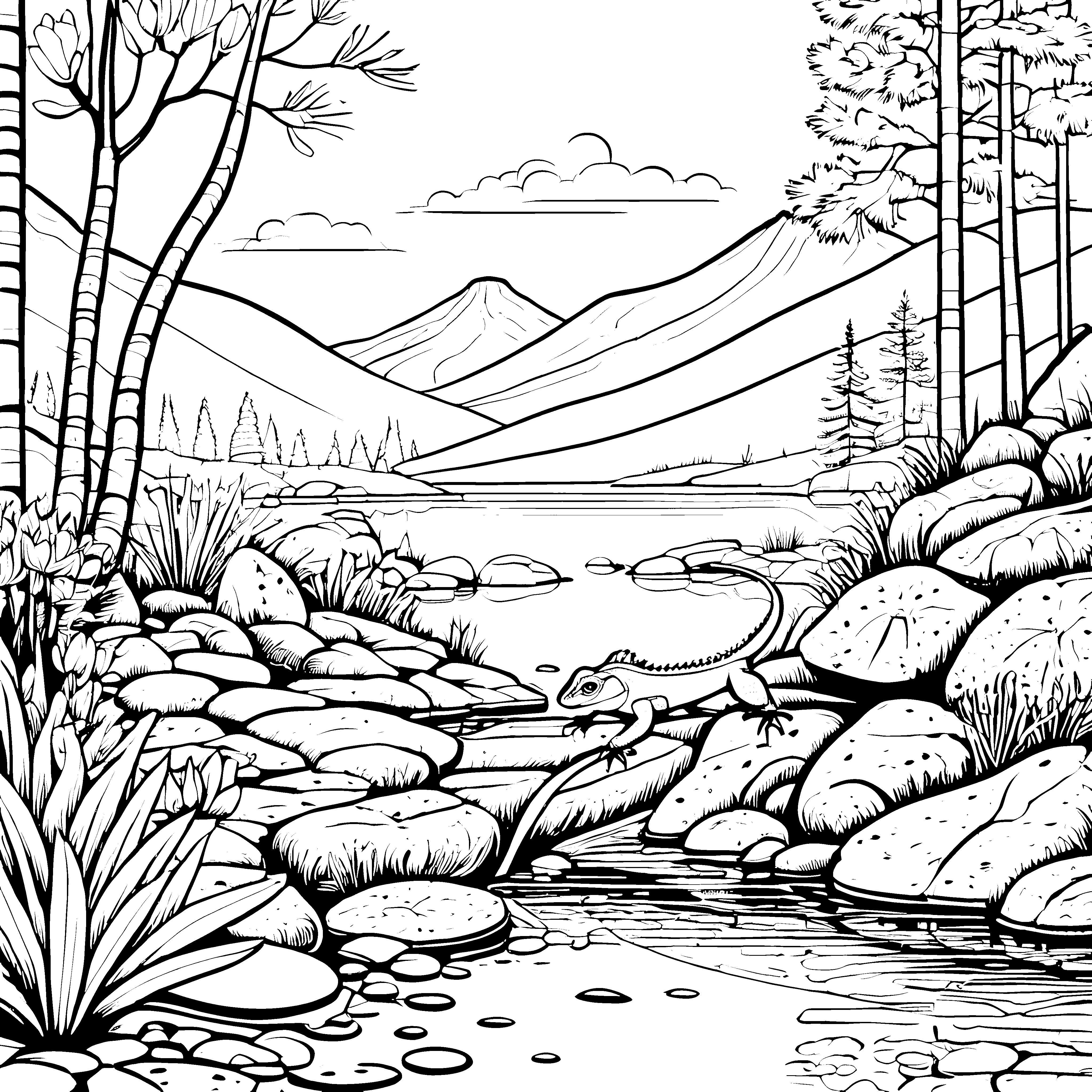 Eidechsen im Fluss: Ein Abenteuer in der Waldlandschaft zum Ausmalen