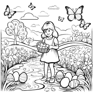 Ostereier suchen im Blumenfeld mit der kleinen Frau