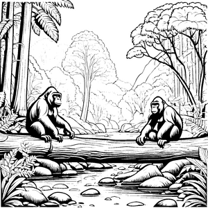 Zwei entspannte Gorillas am Flussufer Malvorlage für abenteuerlustige Naturentdecker