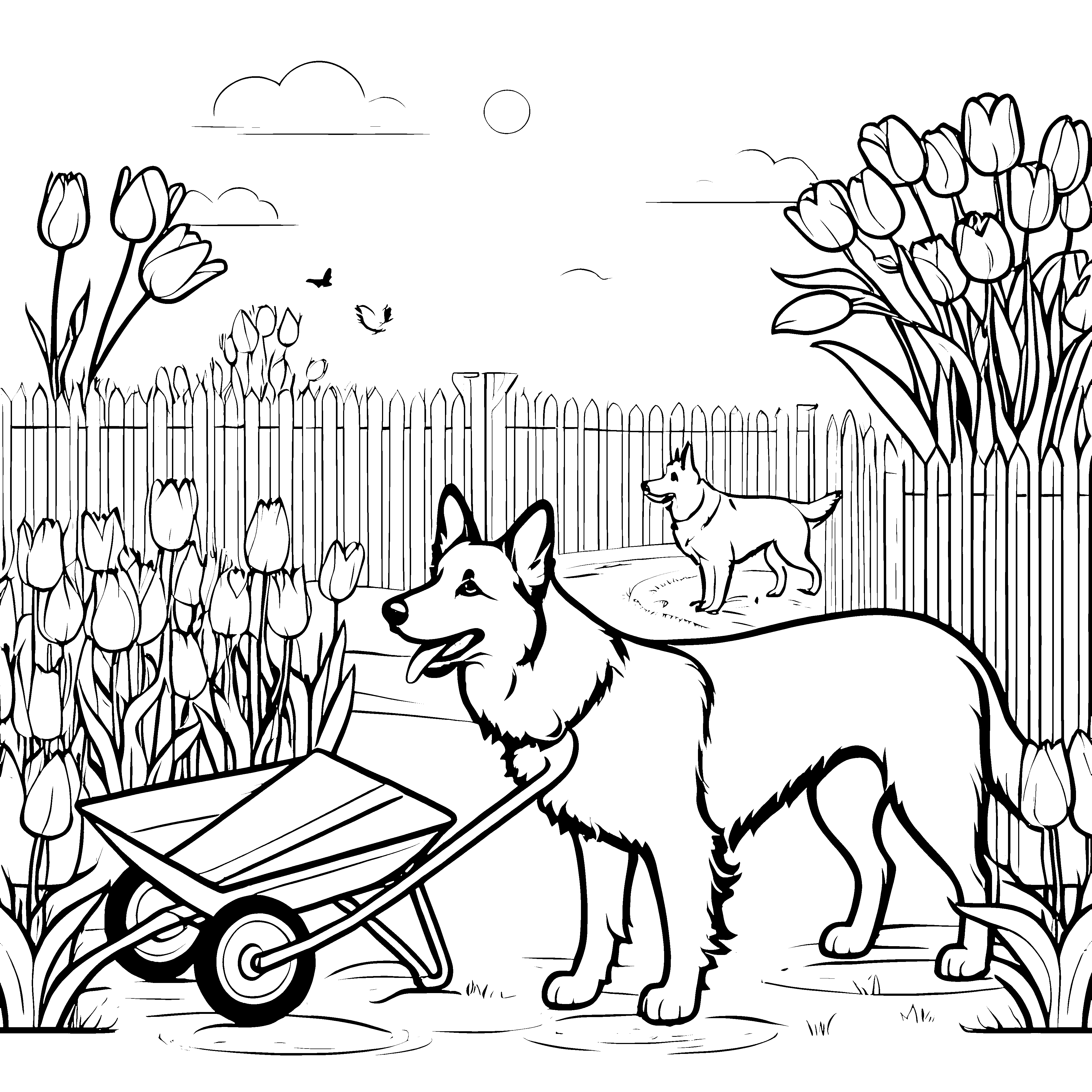Hofhunde im Garten: Tulpen und der Blumenkarren zum Ausmalen
