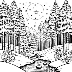 Weihnachtssterne über dem verschneiten Winterwald und Bach-Malerei