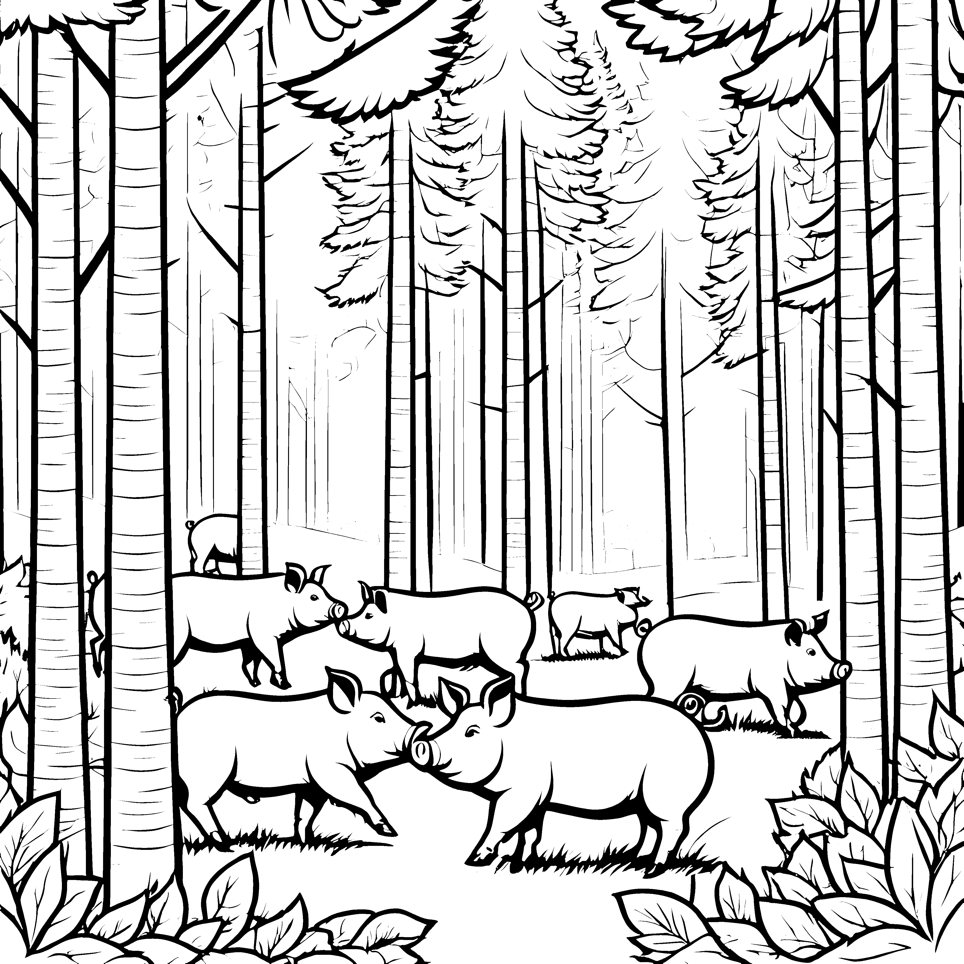 Verspielte Hängebauchschweine im bunten Wald Ausmalvorlage für frohe Entdecker