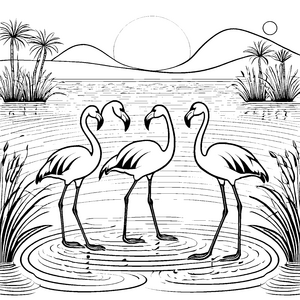 Flamingo-Freunde beim Sonnenuntergang Malvorlage für kleine Naturliebhaber
