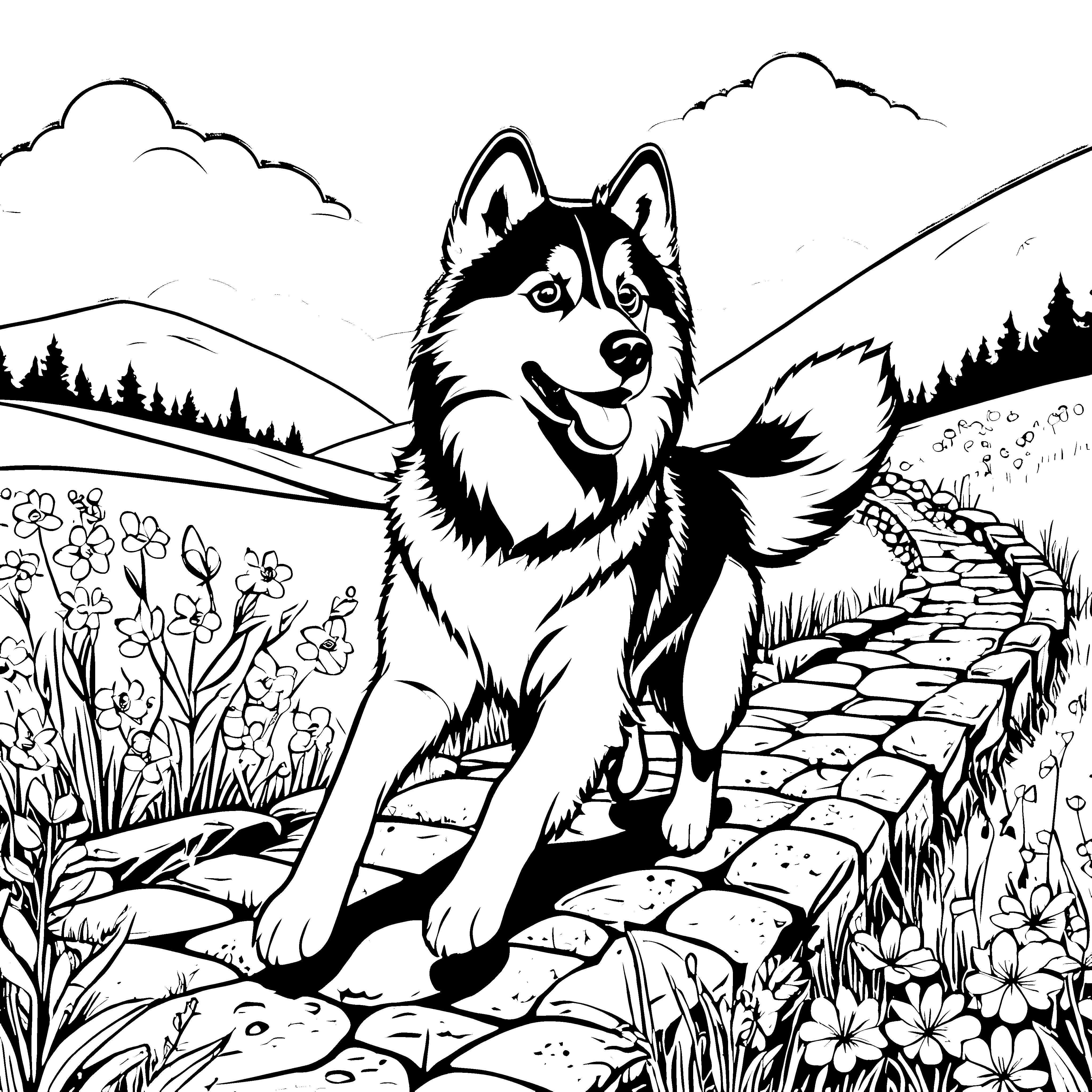 Schöner Husky auf lebendigem Blumenweg Ausmalvorlage für abenteuerliche Gartenfreunde