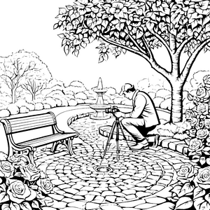 Der kleine Fotograf am Brunnen im Park malen