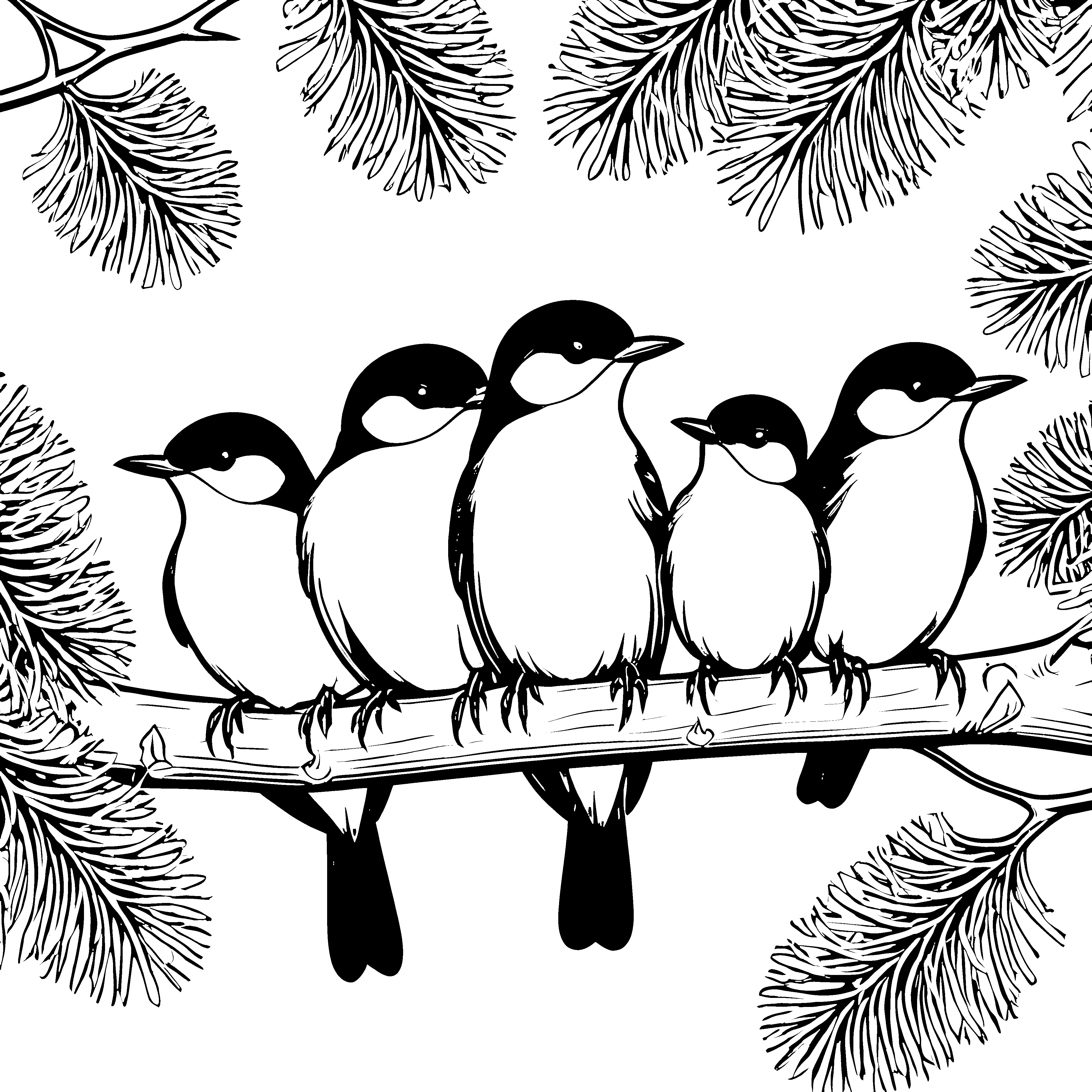 Fröhliche Vogelbabys auf einem Ast Ausmalvorlage für kleine Naturentdecker