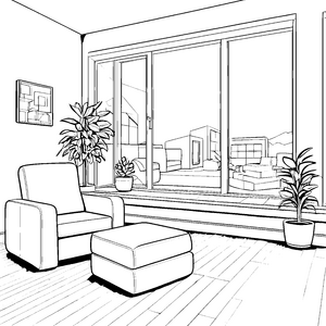 Gemütlicher Relaxsessel im Wohnzimmer mit Pflanzen und Aussicht