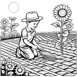 Fröhlicher Junge beim Aussäen von Sonnenblumen Ausmalbild für kleine Gartenfreunde