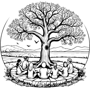 Meditative Hippies unter dem großen Baum Ausmalbild für harmonische Seelen