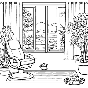 Entspannender Massagesessel vor malerischem Fenster Ausmalvorlage für kreative Relax-Künstler