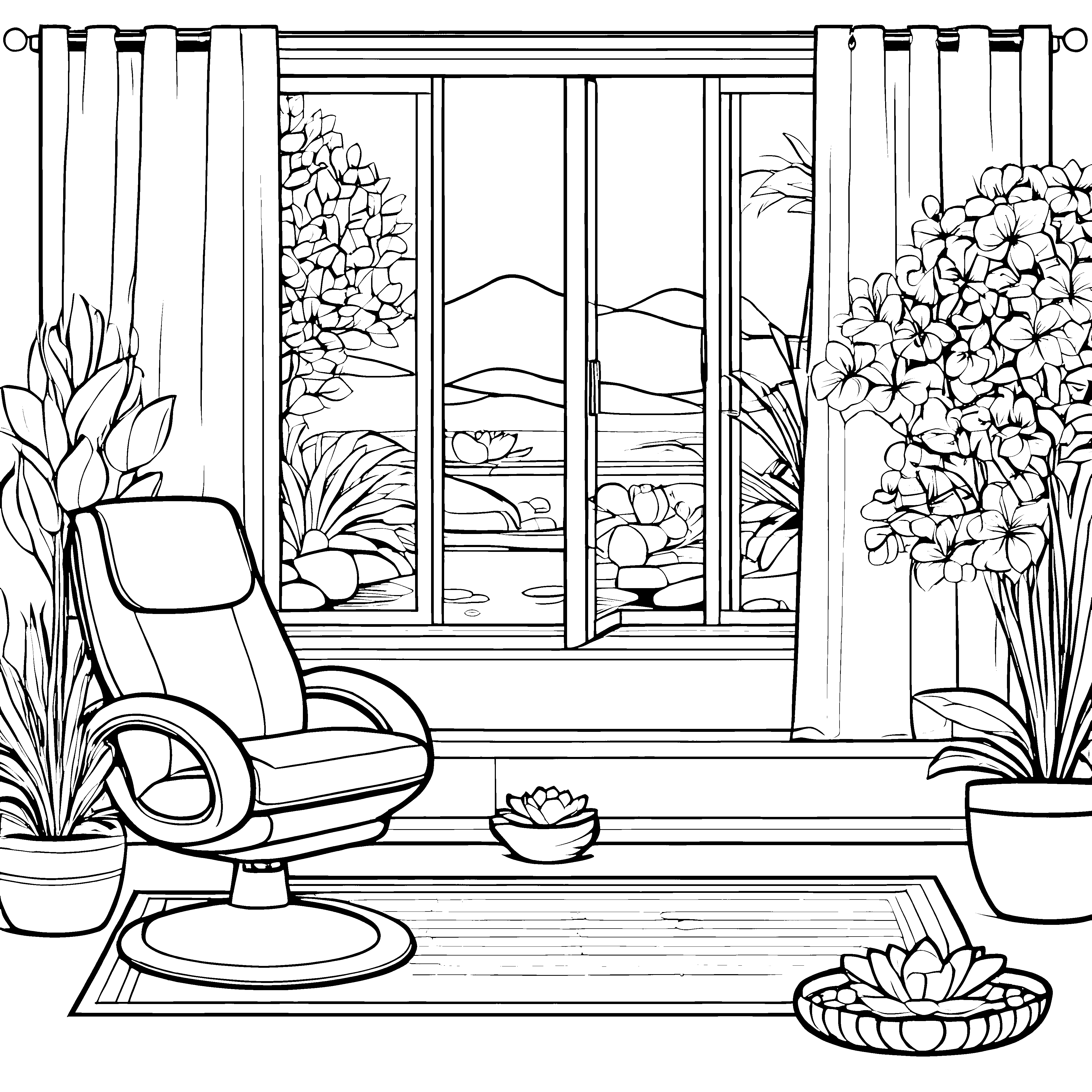 Entspannender Massagesessel vor malerischem Fenster Ausmalvorlage für kreative Relax-Künstler