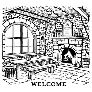 Gemütliche Taverne mit knisterndem Kamin Ausmalvorlage für fantasievolle Träumer