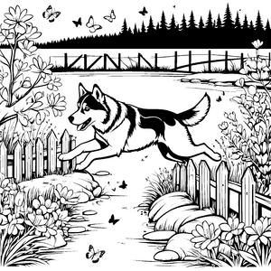 Verspielter Husky im blühenden Garten Ausmalvorlage für kleine Tierfreunde