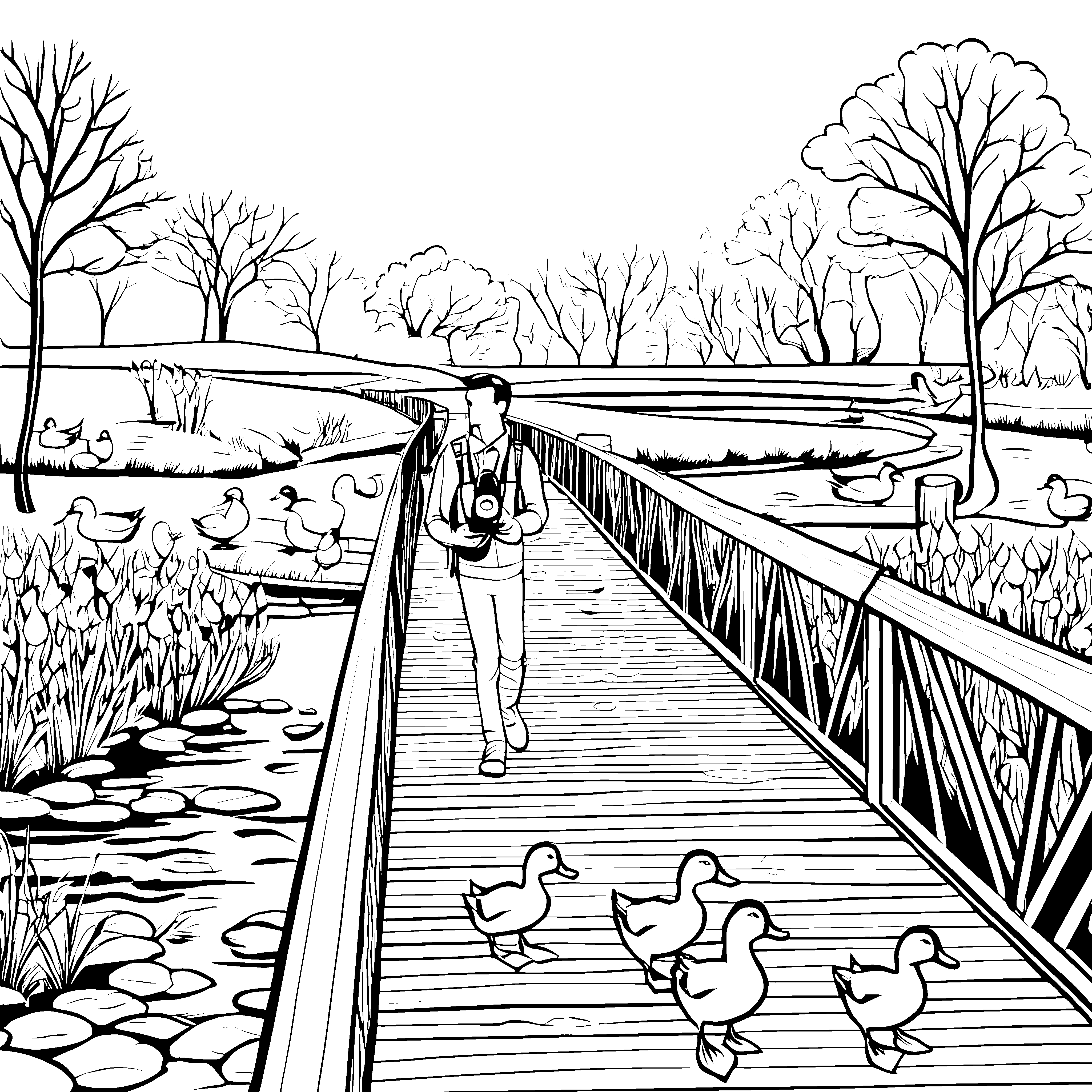 Der kleine Fotograf auf dem Steg mit Enten im Wasser