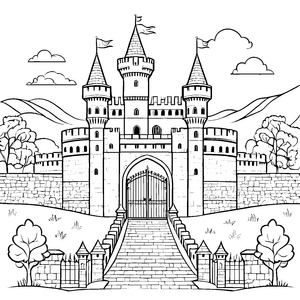 Das große mittelalterliche Burgmalbild mit Türmen und Mauern