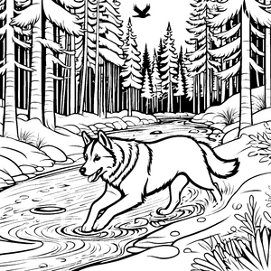 Verspielter Husky beim Planschen im klaren Wasser Ausmalvorlage für naturbegeisterte Entdecker
