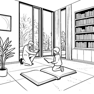 Einfühlsame Gespräche in buntem Bücherzimmer Ausmalvorlage für neugierige Denker