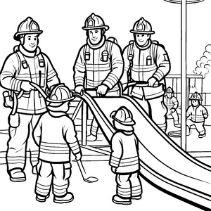 Feuerwehrhelden im Abenteuerpark Ausmalmotiv für kleine Entdecker