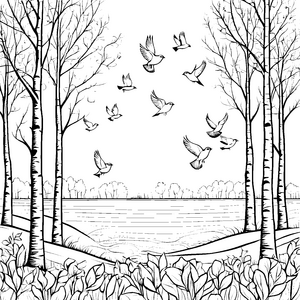 Fröhliche Vögel über sanften Wiesen Ausmalbild für kleine Naturliebhaber