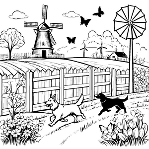 Hofhunde am Feld bei der Windmühle malen