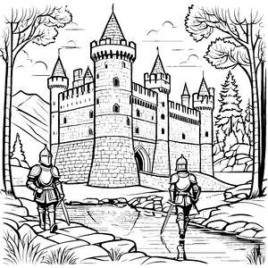 Die Ritter vor der mächtigen Burg zum Ausmalen